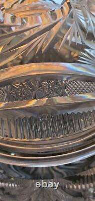 Impressive Antique Cut Glass Crystal Punch Bowl Hobstar File Drape w Lid