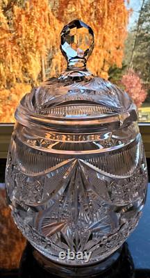 Impressive Antique Cut Glass Crystal Punch Bowl Hobstar File Drape w Lid