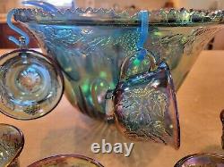 Indiana Blue CARNIVAL GLASS PUNCH BOWL SET, Harvest Grape, 12 Cups, 12Hooks