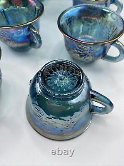 Indiana Blue CARNIVAL GLASS PUNCH BOWL SET, Harvest Grape, 12 Cups, 12Hooks