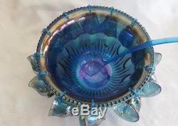 Indiana Blue Vintage Carnival Glass Punch Bowl Harvest Grape Pattern