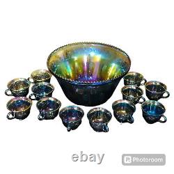 Indiana Carnival Glass Blue Iridescent Harvest Leaves Grape Punch Bowl 12 Cups