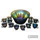 Indiana Carnival Glass Blue Iridescent Harvest Leaves Grape Punch Bowl 12 Cups