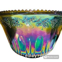 Indiana Carnival Glass Blue Iridescent Harvest Leaves Grape Punch Bowl 12 Cups