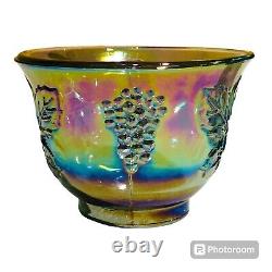 Indiana Carnival Glass Blue Iridescent Harvest Leaves Grape Punch Bowl 12 Cups