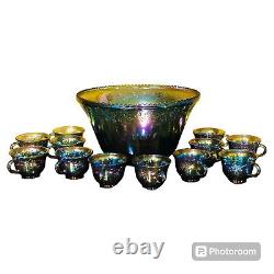 Indiana Carnival Glass Blue Iridescent Harvest Leaves Grape Punch Bowl 12 Cups