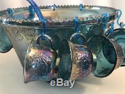 Indiana Carnival Harvest Grape Punch Bowl Cups Ladle Set Peacock Blue Glass