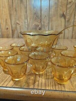 Indiana Glass Amber Punch Bowl & 12 Cups Sets with Plastic ladel