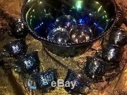 Indiana Glass Blue Carnival Harvest Princess Grape Punch Bowl & Cup Set