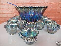 Indiana Glass Blue Carnival Harvest Princess Grape Punch Bowl & Cups 26 pc Set