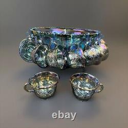 Indiana Glass Blue Harvest Punch Bowl Set With 12 Cups, 10 Hooks, & Plastic Ladle