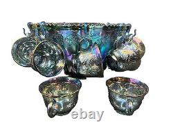 Indiana Glass Blue Harvest Punch Bowl Set With 12 Cups, 10 Hooks, & Plastic Ladle