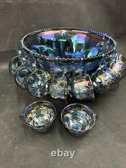 Indiana Glass Blue Harvest Punch Bowl Set With 12 Cups, 10 Hooks, & Plastic Ladle