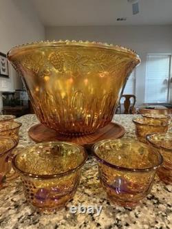 Indiana Glass Carnival Glass Punch Bowl 12 Cups Vintage Excellent Condition