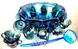 Indiana Glass Co Blue Iridescent Grape Harvest 7446 Princess Punch Bowl Set VTG