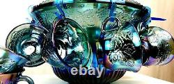 Indiana Glass Co Blue Iridescent Grape Harvest 7446 Princess Punch Bowl Set VTG