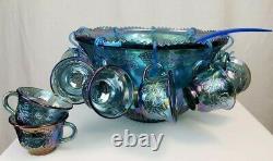 Indiana Glass Co Blue Iridescent Grape Harvest 7446 Princess Punch Bowl Set VTG