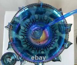 Indiana Glass Co Blue Iridescent Grape Harvest 7446 Princess Punch Bowl Set VTG