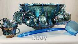 Indiana Glass Co Blue Iridescent Grape Harvest 7446 Princess Punch Bowl Set VTG