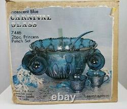 Indiana Glass Co Blue Iridescent Grape Harvest 7446 Princess Punch Bowl Set VTG