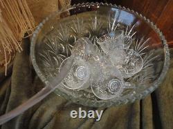 Indiana Glass Co Princess Glass Punch bowl Glasses (8) Ladle hooks Vintage