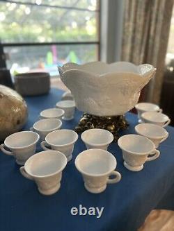 Indiana Glass Colony Harvest Milk Glass Punch Bowl Metal? Base 12 Cups Ladle IB