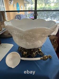 Indiana Glass Colony Harvest Milk Glass Punch Bowl Metal? Base 12 Cups Ladle IB