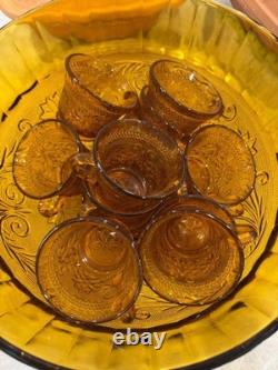Indiana Glass Company Amber Punch Bowl With Glasses Tiara Sandwich Pattern