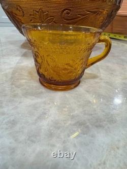 Indiana Glass Company Amber Punch Bowl With Glasses Tiara Sandwich Pattern