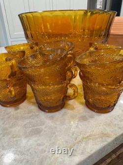 Indiana Glass Company Amber Punch Bowl With Glasses Tiara Sandwich Pattern