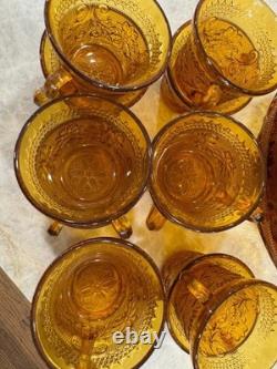 Indiana Glass Company Amber Punch Bowl With Glasses Tiara Sandwich Pattern