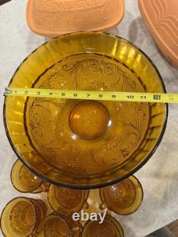 Indiana Glass Company Amber Punch Bowl With Glasses Tiara Sandwich Pattern