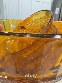 Indiana Glass Company Amber Punch Bowl With Glasses Tiara Sandwich Pattern