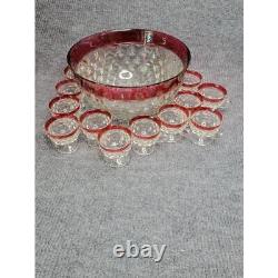 Indiana Glass Diamond Point with Ruby Flash Punch Bowl and 12 Cups