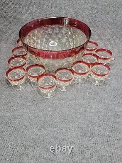 Indiana Glass Diamond Point with Ruby Flash Punch Bowl and 12 Cups