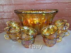 Indiana Glass Gold Carnival Harvest Princess Grape Punch Bowl & Cups 26 pc Set