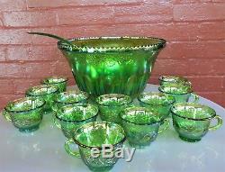 Indiana Glass Green Carnival Harvest Princess Grape Punch Bowl & Cup 26 pc Set