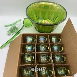 Indiana Glass Green Carnival Punch Bowl Set with ladle, 12 cups & hangers