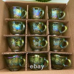 Indiana Glass Green Carnival Punch Bowl Set with ladle, 12 cups & hangers