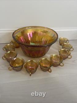 Indiana Glass Harvest Grape Amber Gold Iridescent 12 Punch Bowl Set with 10 Cups