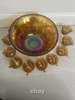 Indiana Glass Harvest Grape Amber Gold Iridescent 12 Punch Bowl Set with 10 Cups