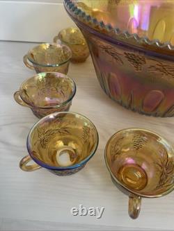 Indiana Glass Harvest Grape Amber Gold Iridescent 12 Punch Bowl Set with 10 Cups