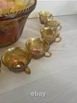 Indiana Glass Harvest Grape Amber Gold Iridescent 12 Punch Bowl Set with 10 Cups