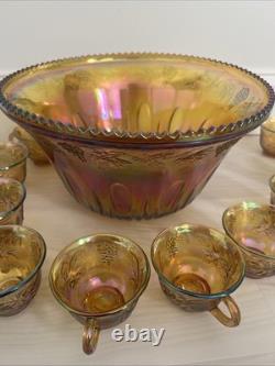 Indiana Glass Harvest Grape Amber Gold Iridescent 12 Punch Bowl Set with 10 Cups