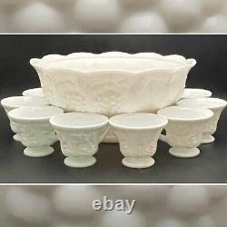 Indiana Glass Harvest Grape Milk Glass Punch Bowl 9pc Set 1970-1985 Made in USA