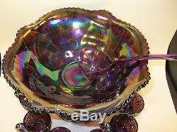 Indiana Glass Iridescent Amethyst Carnival Heirloom Punch Bowl Set with8 Cups