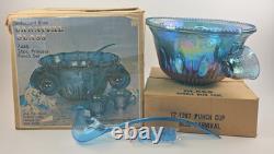 Indiana Glass Iridescent Blue Carnival Punch Bowl Set Princess Original Box Vtg