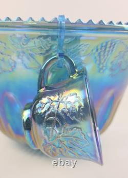 Indiana Glass Iridescent Blue Carnival Punch Bowl Set Princess Original Box Vtg