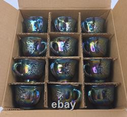 Indiana Glass Iridescent Blue Carnival Punch Bowl Set Princess Original Box Vtg