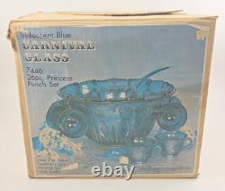Indiana Glass Iridescent Blue Carnival Punch Bowl Set Princess Original Box Vtg